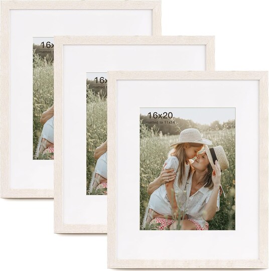 Greentek; 16x20 Picture Frame with Mat for 11x14 Set of 3, Rustic White Wood Grain 16x20 Frames for Wall Mounting (3 Pack, White); Category:Picture Frame Sets; Image:1